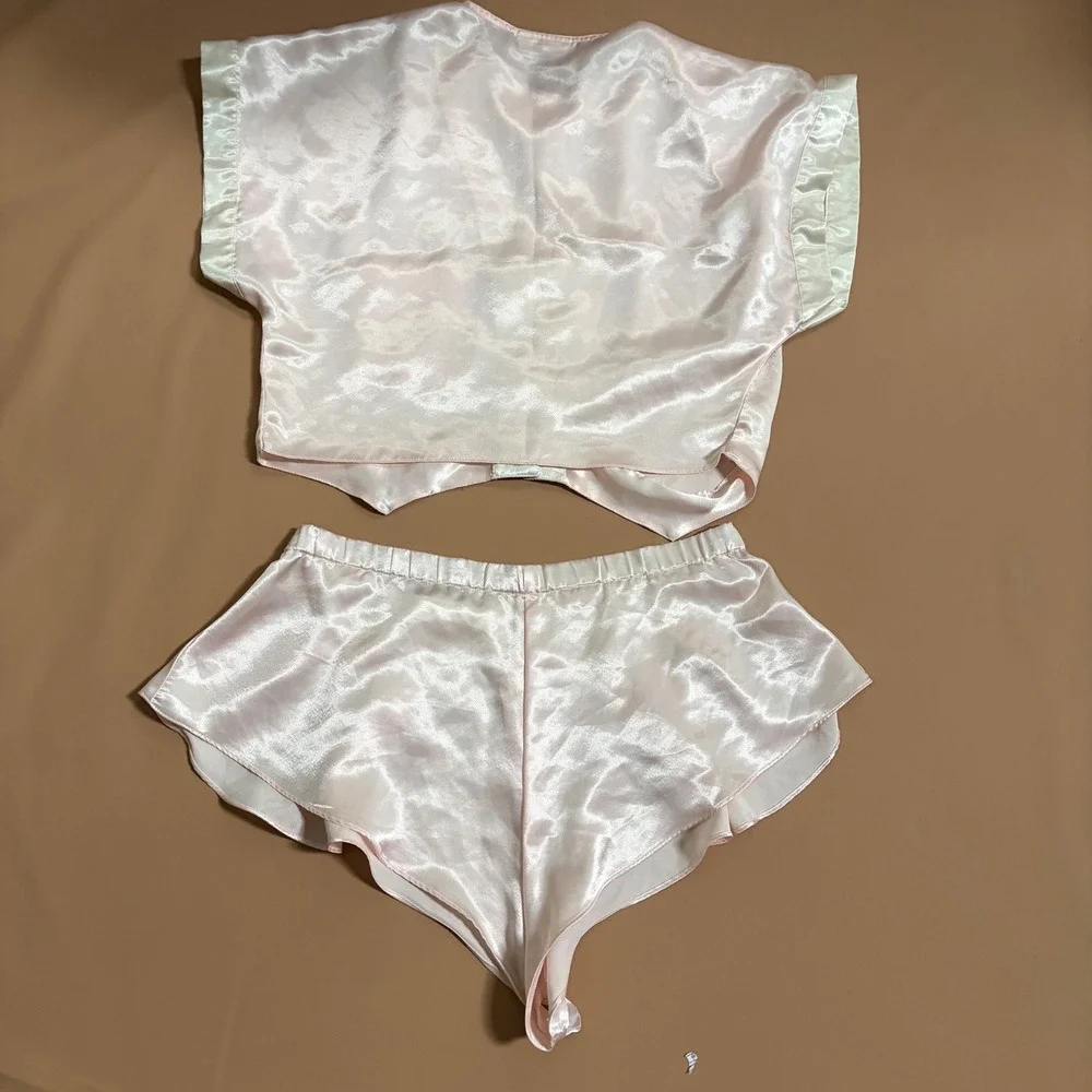 Vintage Val Mode Lingerie Pink Satin Pajama Set Cropped Top Tap Shorts Medium